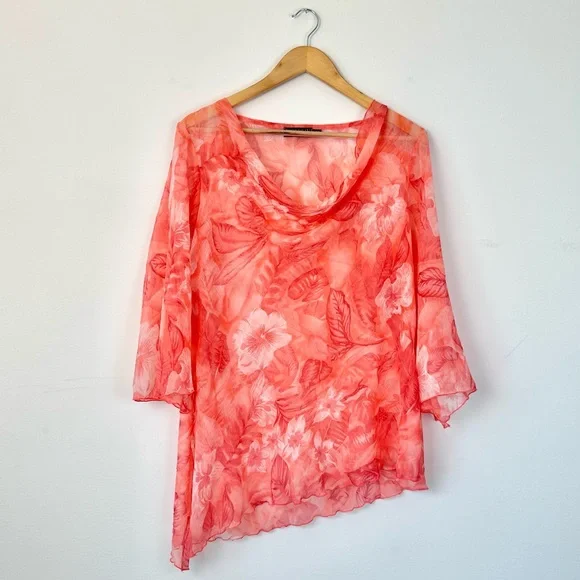 Vintage Picadilly Orange and Pink Floral Asymmetrical Sheer Blouse 3/4 Sleeves - Picture 3 of 15